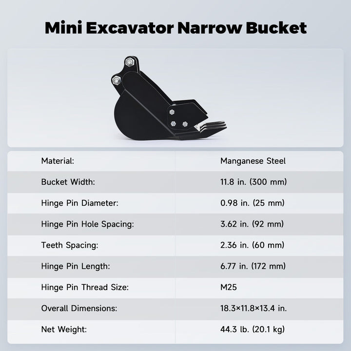 300mm Narrow Bucket Attachment 12" Trenching Bucket for Mini Excavator Digger